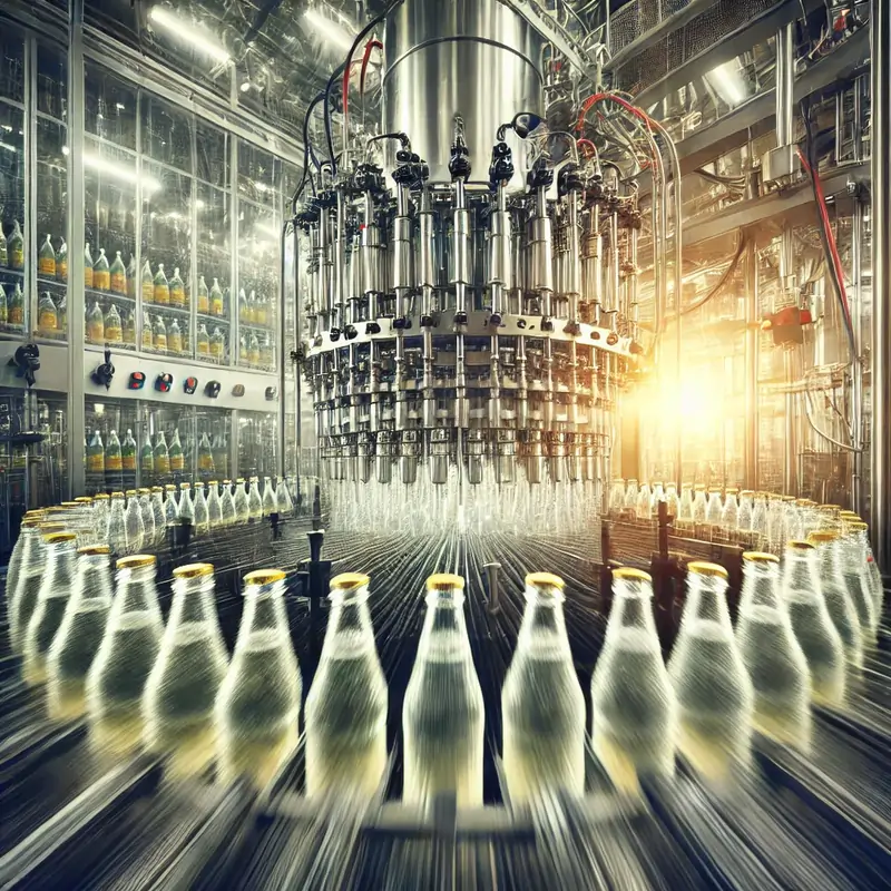 خط تولید صنعتی با چند دستگاه پرکن مایعات که در حال پر کردن مقادیر زیادی از مایعات رقیق (مانند آبمیوه) با سرعت بالا هستند.