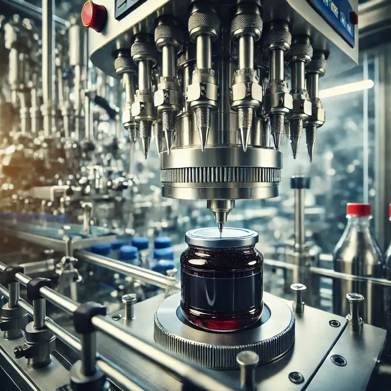 دستگاه پرکن مایعات که به سیستمهای سنسوری و کنترل دما و فشار مجهز است. این تصویر میتواند نشاندهنده فناوریهای مدرن بهکار رفته در دستگاهها باشد.