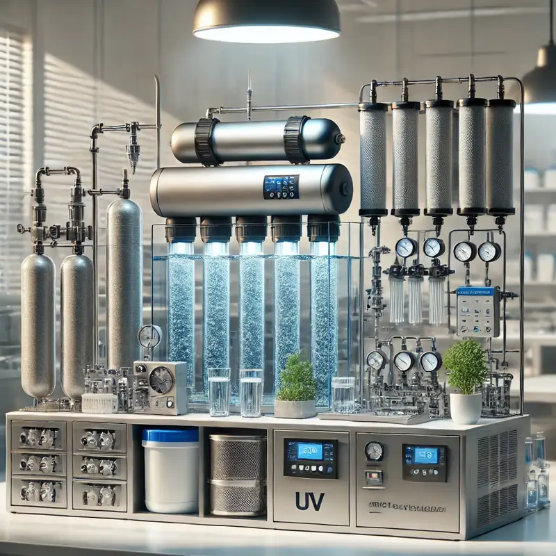 تصویر تصفیه آب: نمایش مراحل تصفیه با فیلترهای مختلف، سیستم UV و اسمز معکوس