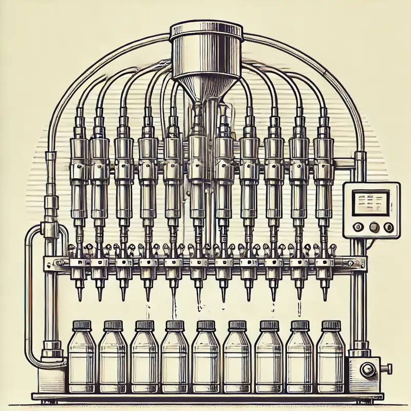 تصویر از دستگاههای پرکن مایعات رقیق پنوماتیک چند نازله که نشاندهنده دستگاهی برای پر کردن چند ظرف همزمان است.