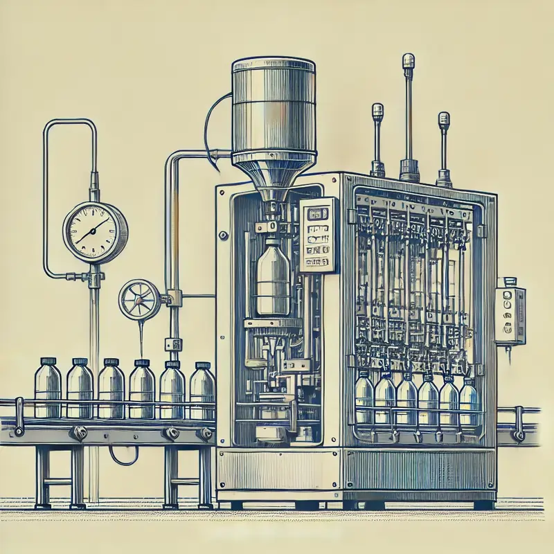 تصویر از دستگاههای پرکن مایعات رقیق در صنایع مختلف (غذایی، دارویی، آرایشی، شیمیایی) که نمایانگر کاربردهای مختلف این دستگاهها در صنایع مختلف باشد.