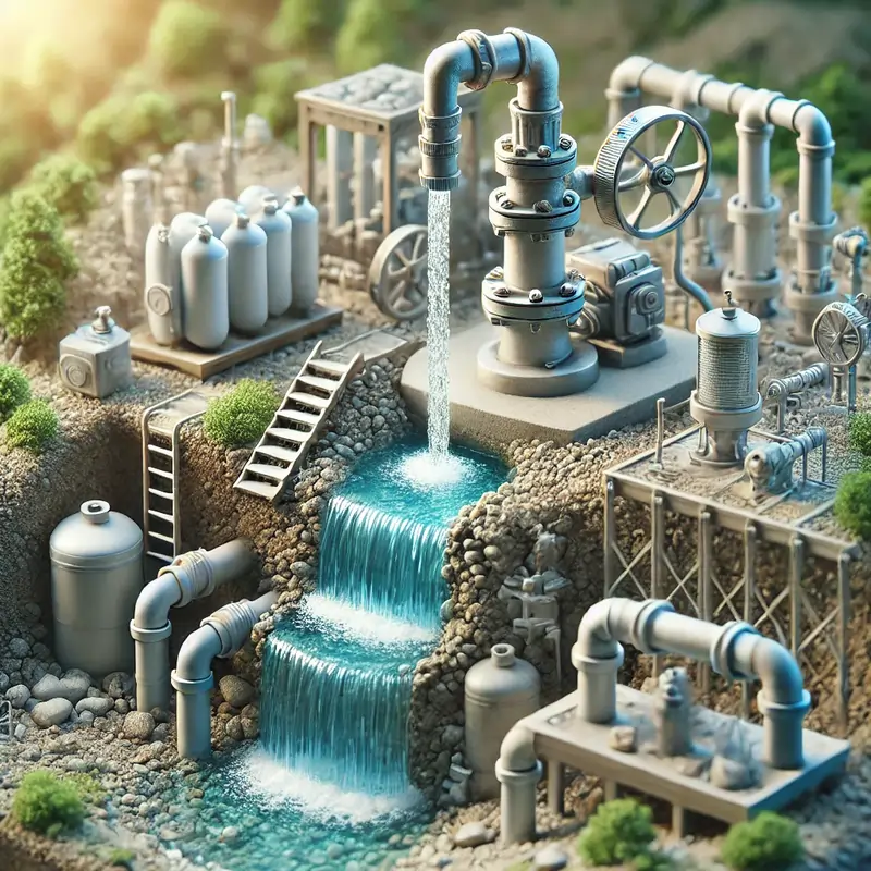 تصویر استخراج آب: دستگاه پمپ که آب از چشمه یا منبع زیرزمینی استخراج میکند