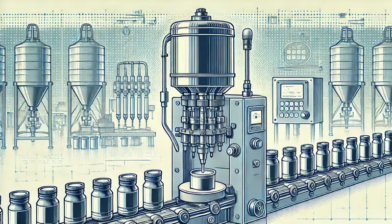 دستگاه پرکن مایعات تک نازله در یک محیط صنعتی، که برای پر کردن مایعات غلیظ مانند عسل، شربت و مربا طراحی شده است. دستگاه با دقت و سرعت بالا در حال پر کردن چندین ظرف در یک محیط تمیز و حرفهای نشان داده شده است