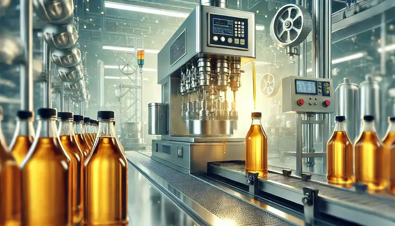 یک دستگاه پرکن مایعات روغنی در حال کار، در حال پر کردن بطریها یا ظروف با روغن