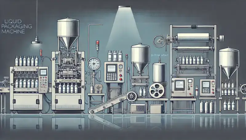 تصویر وکتور از خط تولید دستگاه بسته بندی مایعات با نمایش دستگاههای مختلف مانند دستگاههای پرکن، سیلکن، شیرینگ و لیبلزن در حال انجام عملیات بستهبندی انواع مایعات در یک محیط صنعتی
