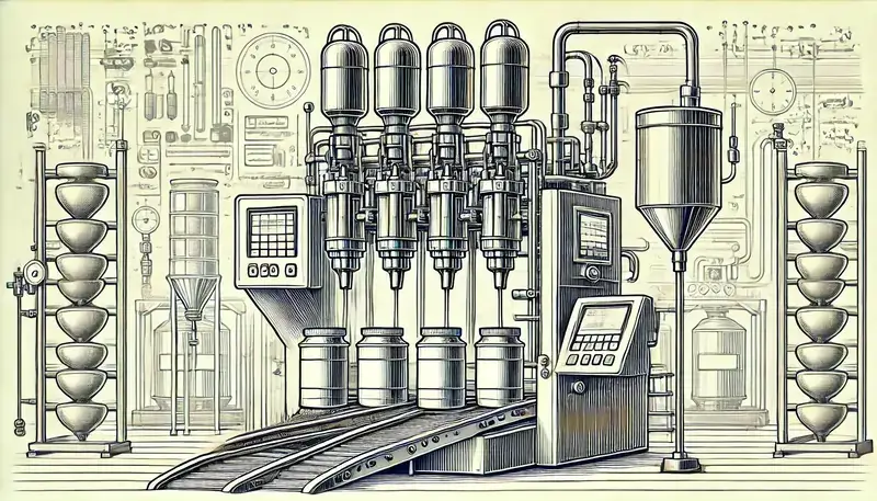 یک دستگاه پرکن مایعات چهار نازله به همراه چهار نازل در حال پر کردن مایعات (به طور همزمان) در ظروف مختلف