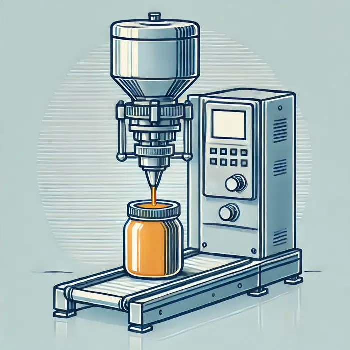 دستگاه پرکن مایعات با یک نازل، که در حال پر کردن یک ظرف با مایع غلیظ مانند عسل یا شربت است. دستگاه در یک محیط صنعتی نمایش داده شده است، با تأکید بر دقت و صحت پر کردن