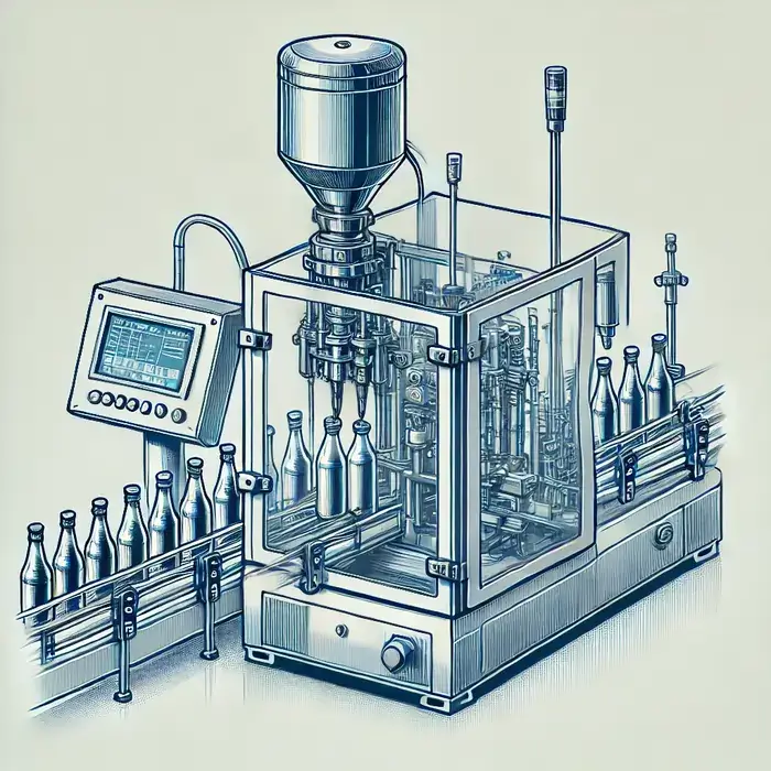 تصویر وکتور از دستگاه پرکن مایعات که برای پر کردن نوشیدنیها و شربتها در بطریها طراحی شده است، با جزئیاتی مانند نازلها، پنل کنترل و بطریهایی که مایع به دقت در آنها پر میشود