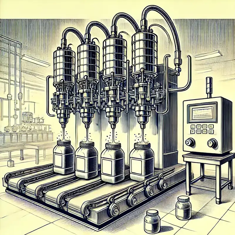 نمایش سرعت بالا و دقت در پر کردن مایعات با چهار نازل. چندین ظرف پر شده با مایعات مختلف (آب، عسل، سس)