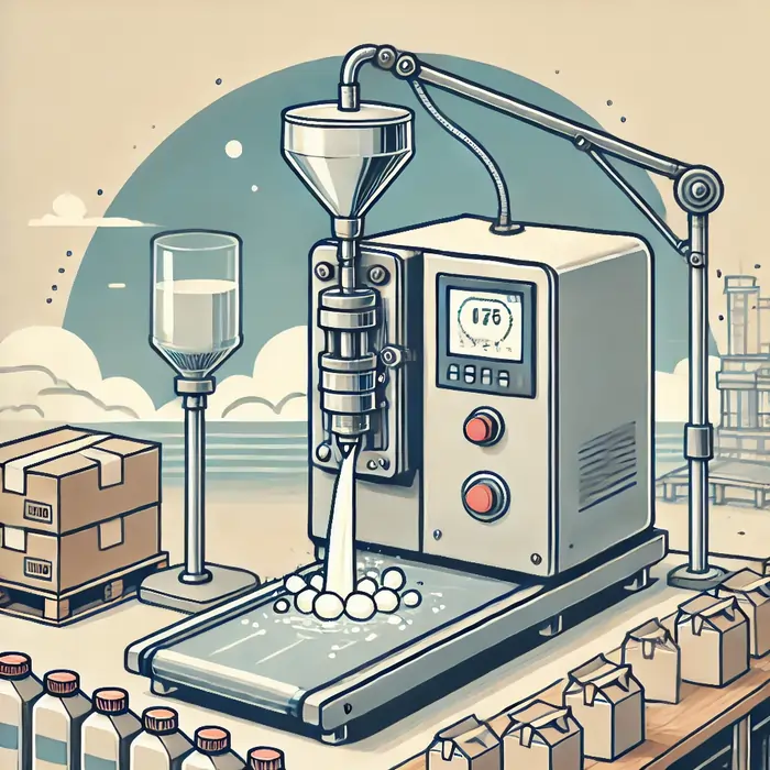 دستگاه پرکن مایعات رومیزی با سیستم پمپی که در حال پر کردن یک ظرف با مایعی مانند آبمیوه یا روغن است. تمرکز تصویر روی سیستم پمپ دستگاه و دقت آن در انتقال مایع به ظرف است