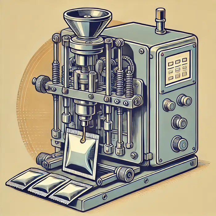 دستگاه پرکن ساشه مایعات با سیستم پیستونی که در حال پر کردن مایعات غلیظ مانند عسل یا شربت به داخل ساشهها است. دستگاه بهطور دقیق مایع را به داخل ساشهها با استفاده از سیستم پیستون منتقل میکند