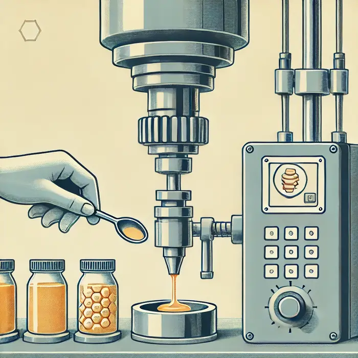 دستگاه پرکن مایعات با یک نازل، که فرایند تنظیم نازل برای پر کردن مایعات غلیظ مانند عسل و شربت را نشان میدهد. دستگاه دارای کنترلهایی در کناره است که به دقت جریان مایع را تنظیم میکند
