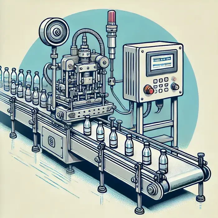تصویر وکتور از دستگاه سیلکن در خط بستهبندی مایعات، که در حال بستهبندی درب بطریها یا بستهها با جزئیات دستگاه شامل سرهای سیل، مکانیزمهای فشار و نوار نقاله است.