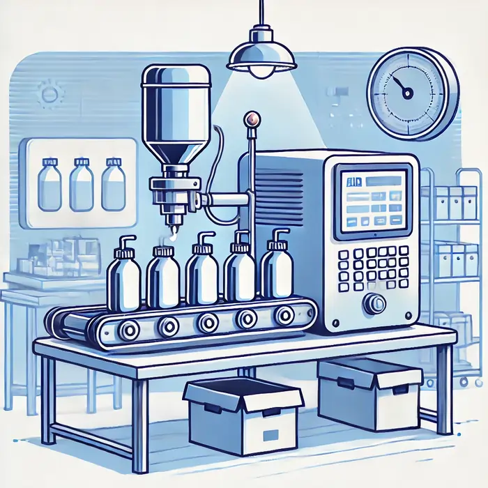 دستگاه پرکن مایعات رومیزی با سیستم پیستونی که مایعات غلیظ مانند سس یا عسل را بهطور دقیق به داخل ظرف منتقل میکند. تصویر نشاندهنده حرکت پیستون و انتقال مایع به هر ظرف است