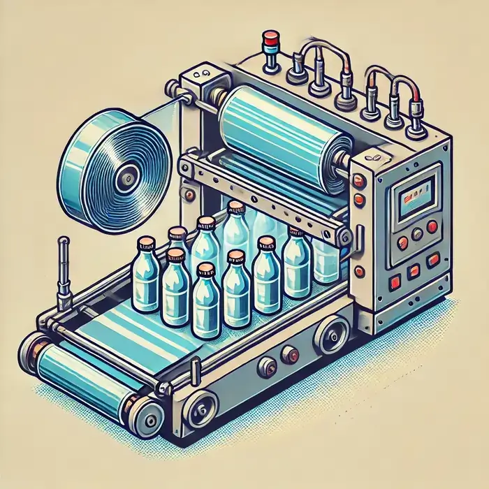 تصویر وکتور از دستگاه شیرینگ در خط بستهبندی مایعات، که فیلم شیرینگ را به دور گروهی از بطریها یا بستهها اعمال میکند و آنها را در یک فیلم محافظ فشرده میکند.