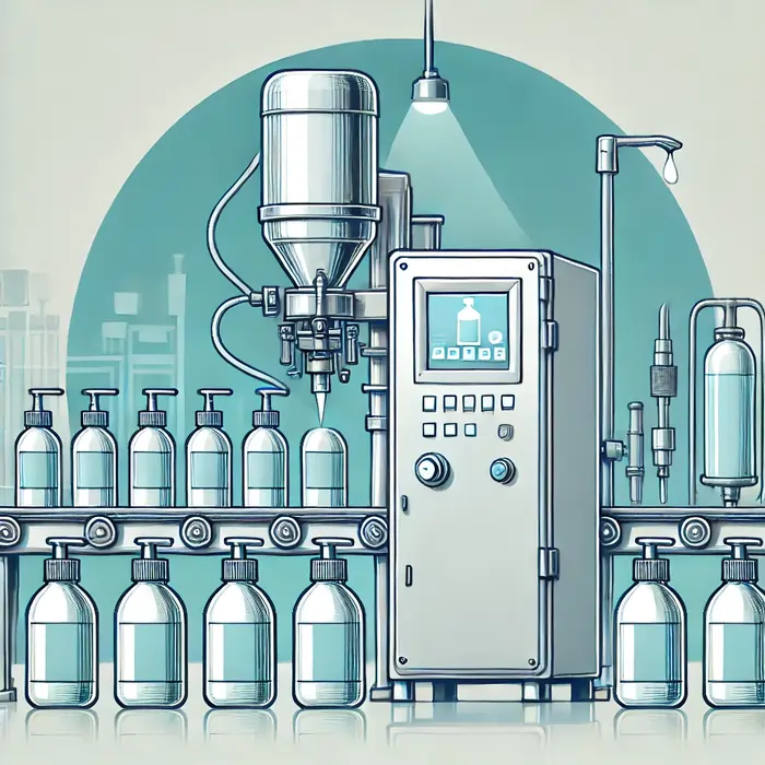 دستگاه پرکن مایعات در صنعت آرایشی و بهداشتی، که در حال پر کردن بطریها با محصولاتی مانند شامپو، لوسیون یا کرم است. دستگاه با دقت بالا در یک محیط صنعتی مدرن و تمیز نشان داده شده است