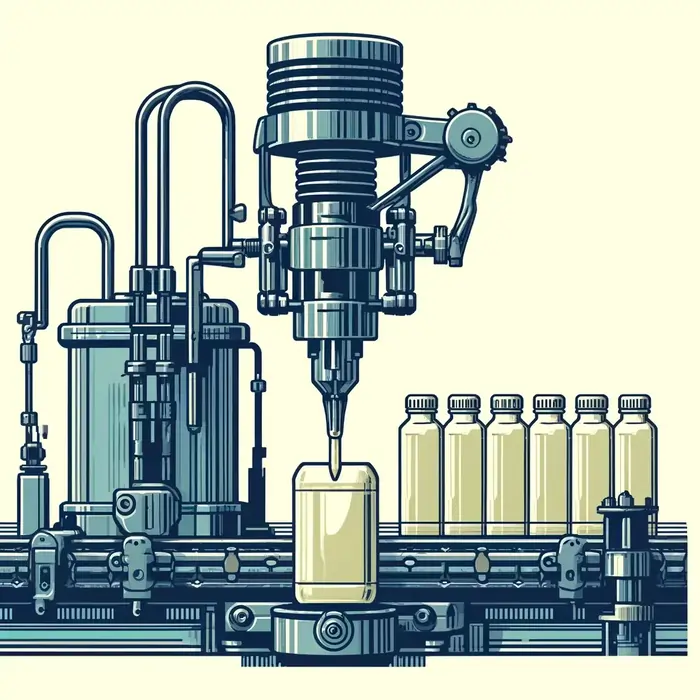 نمایی از دستگاه پرکن پیستونی که با استفاده از پیستونها مایع را به داخل ظرف تزریق میکند.
