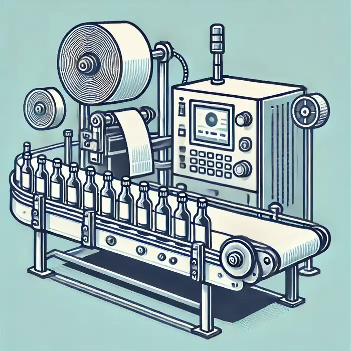 تصویر وکتور از دستگاه لیبلزن در خط بستهبندی مایعات، که به طور خودکار برچسبهای محصول را روی بطریها یا ظروف با استفاده از نوار نقاله چرخشی و دستگاه لیبلزن اعمال میکند