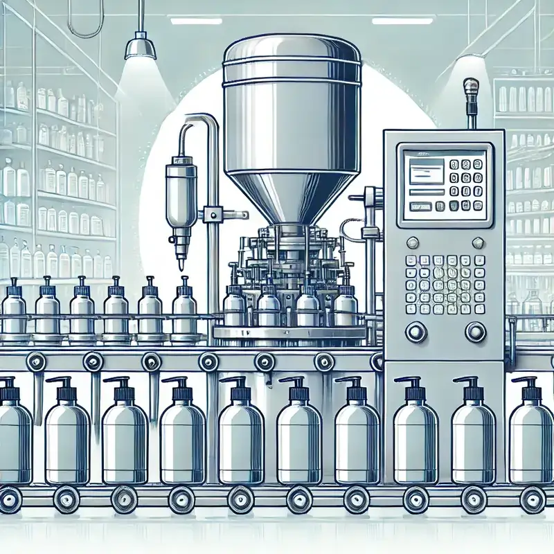 دستگاه پرکن مایعات چهار نازله در حال کار در صنعت دارویی یا غذایی (پر کردن شربت یا قطره دارویی)