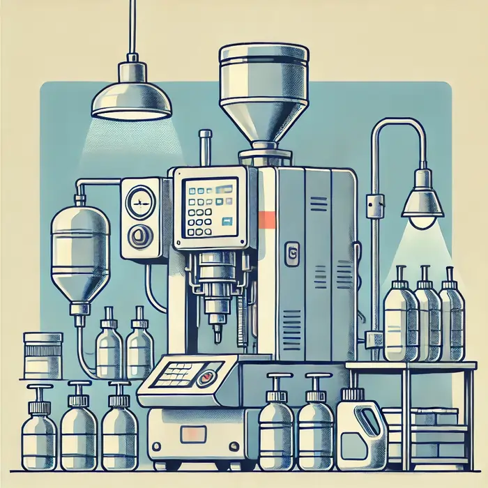 دستگاه پرکن مایعات رومیزی با استفاده از فشار هوایی برای پر کردن مایعات. دستگاه برای پر کردن مایعاتی که نیاز به فشار بیشتر دارند، مناسب است و در یک محیط صنعتی کوچک بهکار گرفته شده است