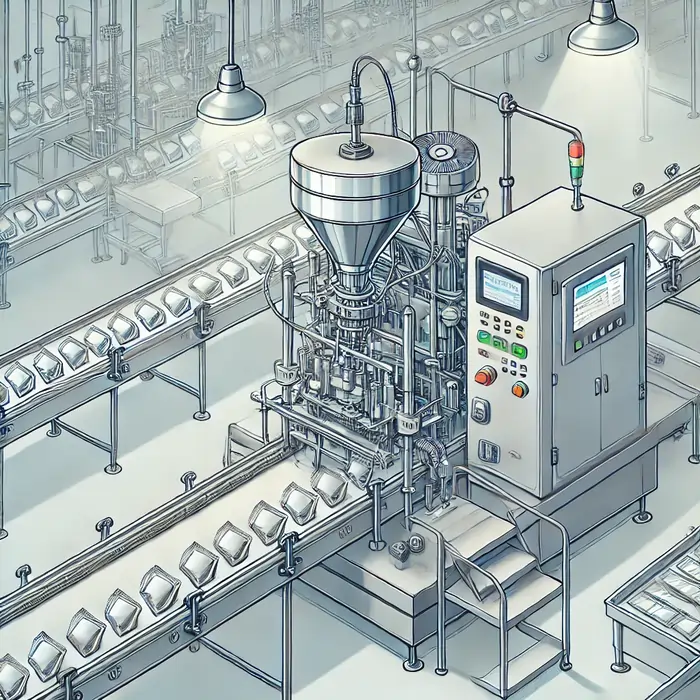 دستگاه پرکن ساشه مایعات با سیستم پمپی که در حال پر کردن مایعات با ویسکوزیته متوسط مانند نوشیدنیها یا شربتها به داخل ساشهها است. دستگاه با استفاده از پمپ، مایع را بهطور دقیق و سریع به داخل ساشهها منتقل میکند